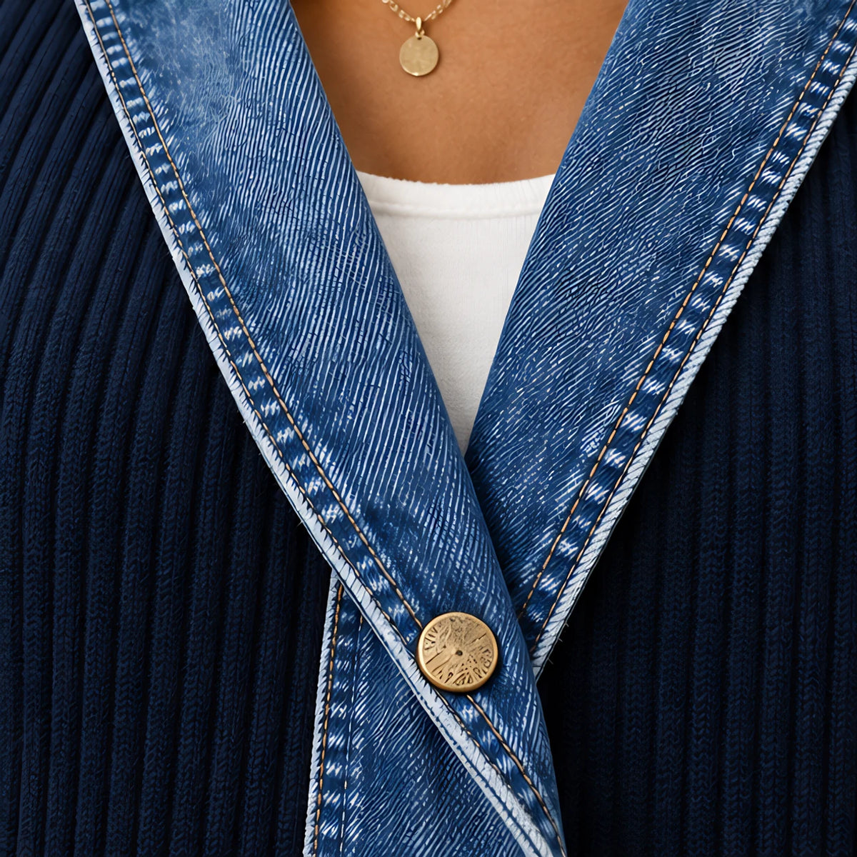 Eleri Women's Denim-Panel Ribbed Knit Coat - Navy - MAT-DENIM - Hendlys - Image 5