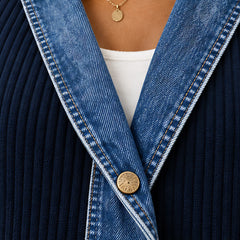 Eleri Women's Denim-Panel Ribbed Knit Coat - Navy - MAT-DENIM - Hendlys - Image 5