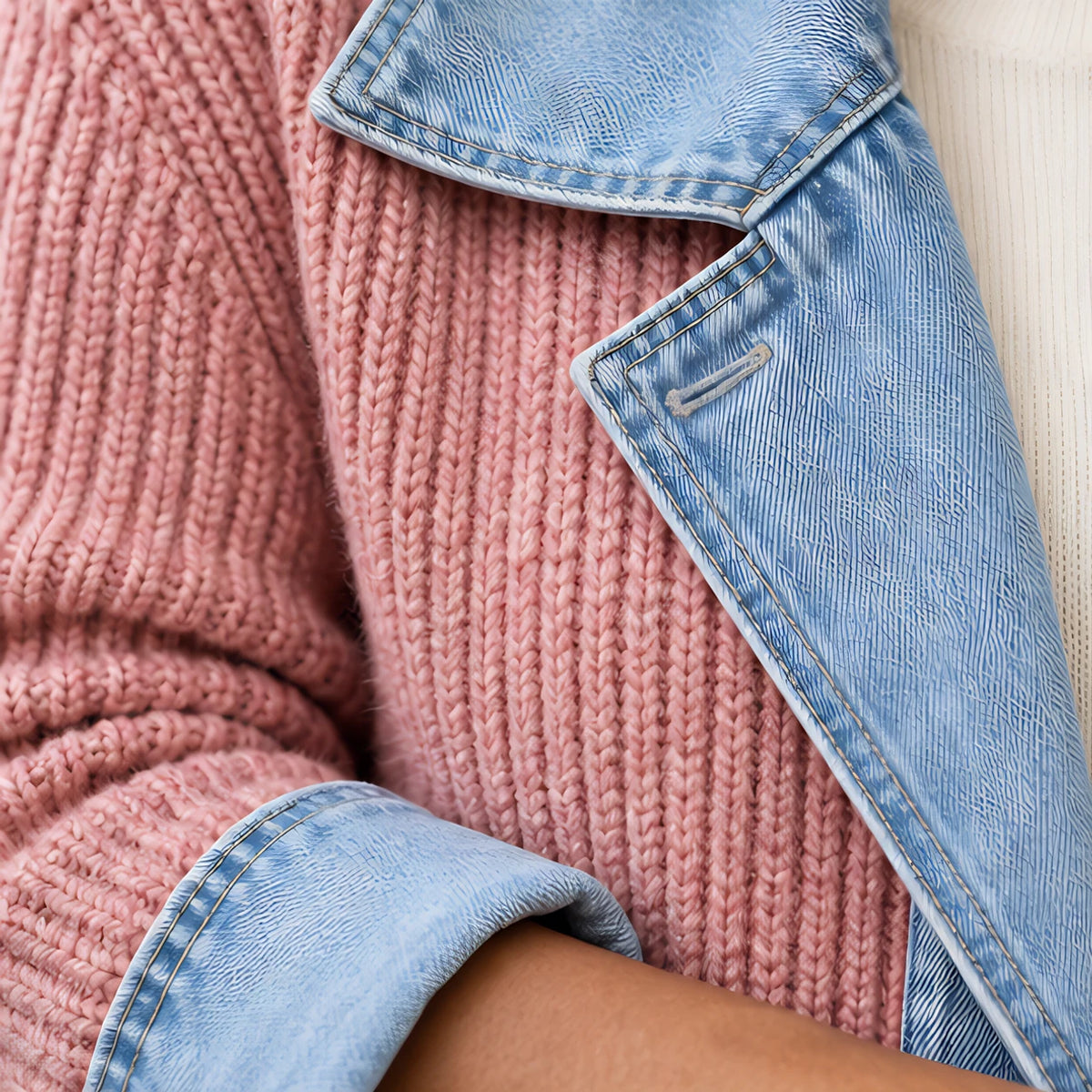 Eleri Women's Denim-Panel Ribbed Knit Coat - Pink - MAT-DENIM - Hendlys - Image 5