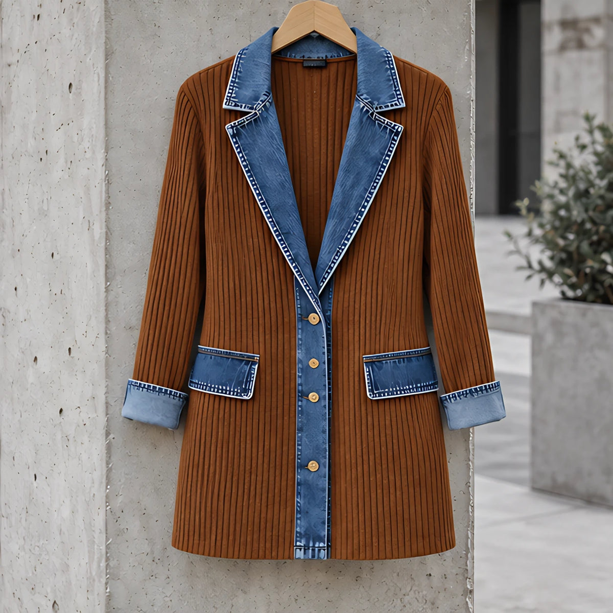 Eleri Women's Denim-Panel Ribbed Knit Coat - Rust - CLO - Hendlys - Image 2