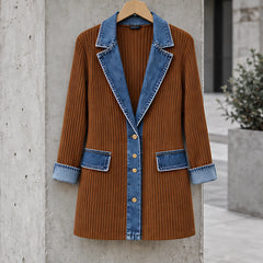 Eleri Women's Denim-Panel Ribbed Knit Coat - Rust - CLO - Hendlys - Image 2