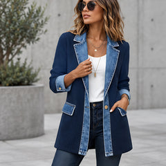 Eleri Women's Denim-Panel Ribbed Knit Coat - Navy - Women's Clothing > Sweaters & Cardigans > Longline Cardigans - Hendlys - Image 1