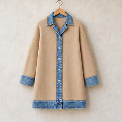 Eleri Women's Denim-Panel Ribbed Knit Coat - Khaki - MAT-KNIT - Hendlys - Image 6