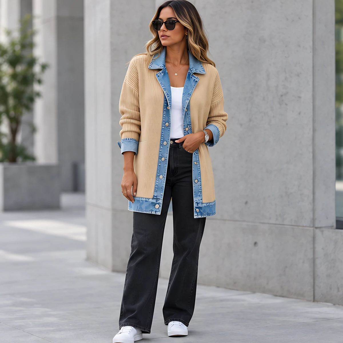 Eleri Women's Denim-Panel Ribbed Knit Coat - Khaki - Women's Clothing > Sweaters & Cardigans > Longline Cardigans - Hendlys - Image 1