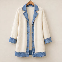 Eleri Women's Denim-Panel Ribbed Knit Coat - White - MAT-KNIT - Hendlys - Image 6
