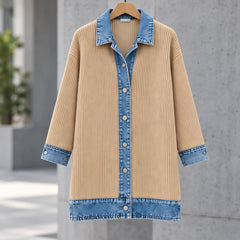 Eleri Women's Denim-Panel Ribbed Knit Coat - Khaki - CLO - Hendlys - Image 2