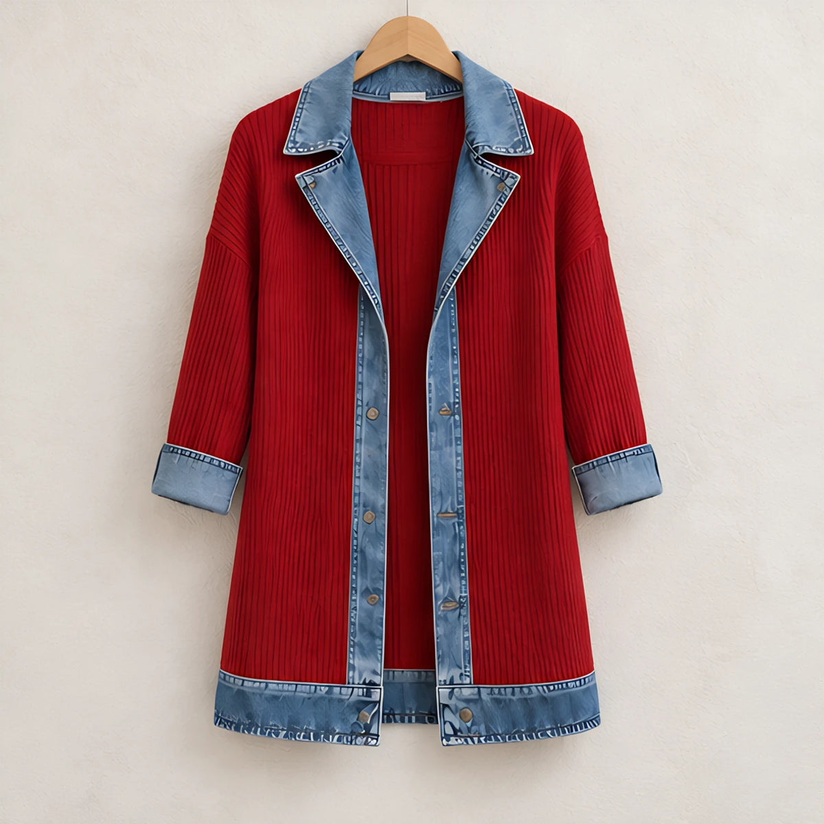 Eleri Women's Denim-Panel Ribbed Knit Coat - Red - MAT-KNIT - Hendlys - Image 6