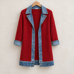 Eleri Women's Denim-Panel Ribbed Knit Coat - Red - MAT-KNIT - Hendlys - Image 6