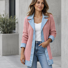 Eleri Women's Denim-Panel Ribbed Knit Coat - Pink - Women's Clothing > Sweaters & Cardigans > Longline Cardigans - Hendlys - Image 1