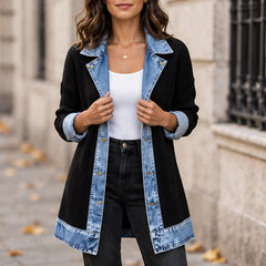 Eleri Women's Denim-Panel Ribbed Knit Coat - Black - CLO-OUT-LIGHT - Hendlys - Image 4