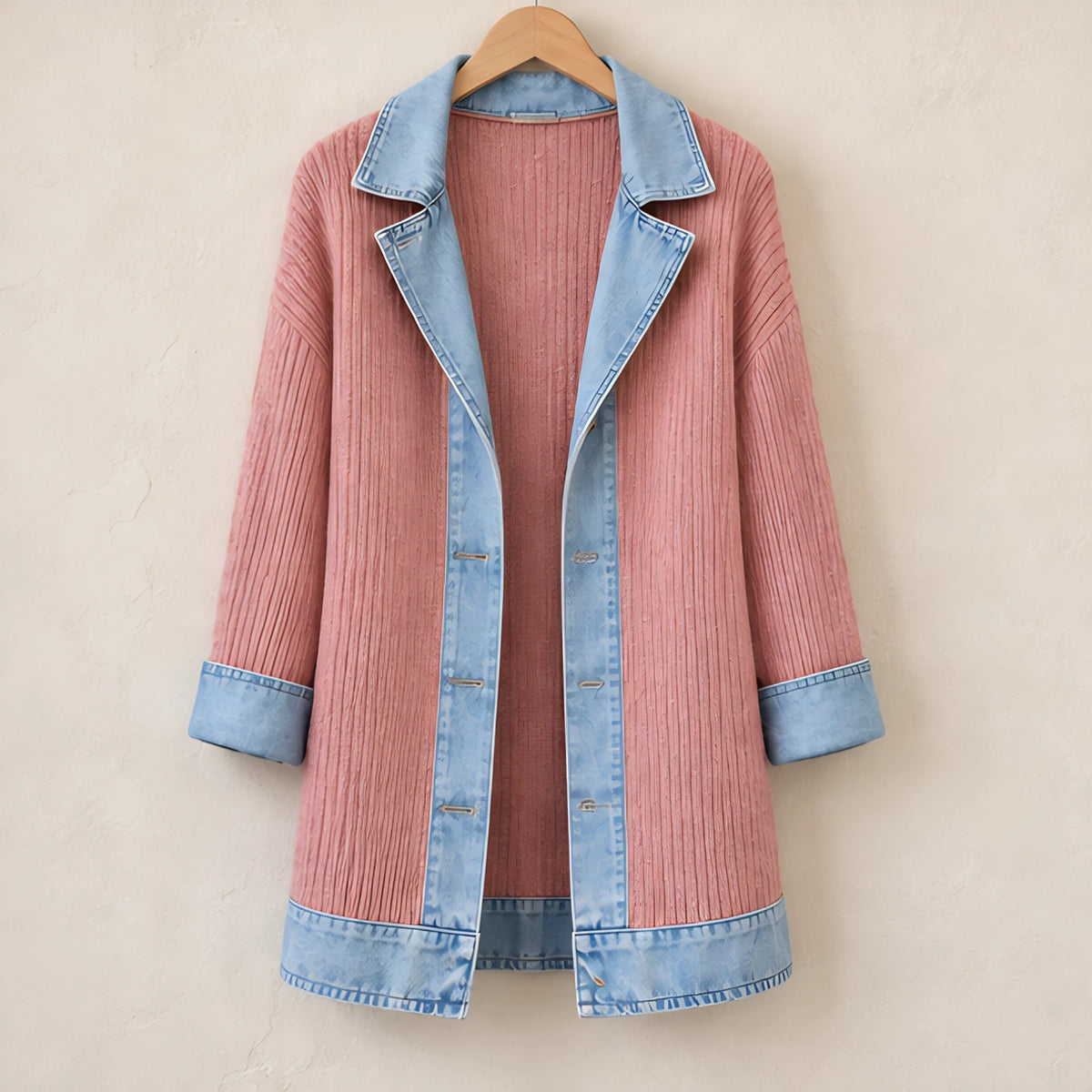 Eleri Women's Denim-Panel Ribbed Knit Coat - Pink - MAT-KNIT - Hendlys - Image 6