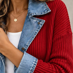 Eleri Women's Denim-Panel Ribbed Knit Coat - Red - MAT-DENIM - Hendlys - Image 5