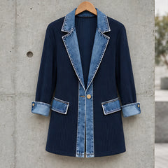 Eleri Women's Denim-Panel Ribbed Knit Coat - Navy - CLO - Hendlys - Image 2