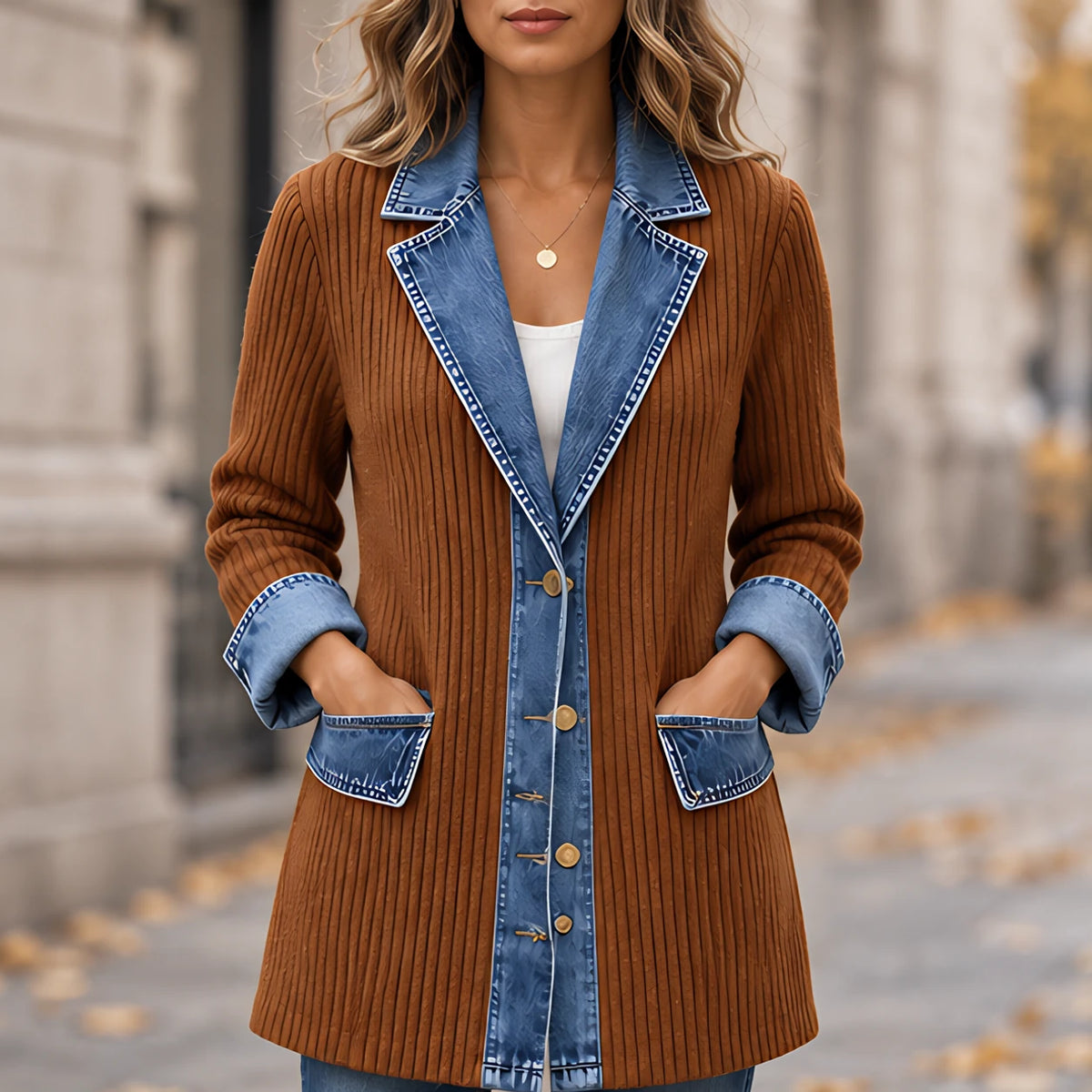 Eleri Women's Denim-Panel Ribbed Knit Coat - Rust - CLO-OUT-LIGHT - Hendlys - Image 4
