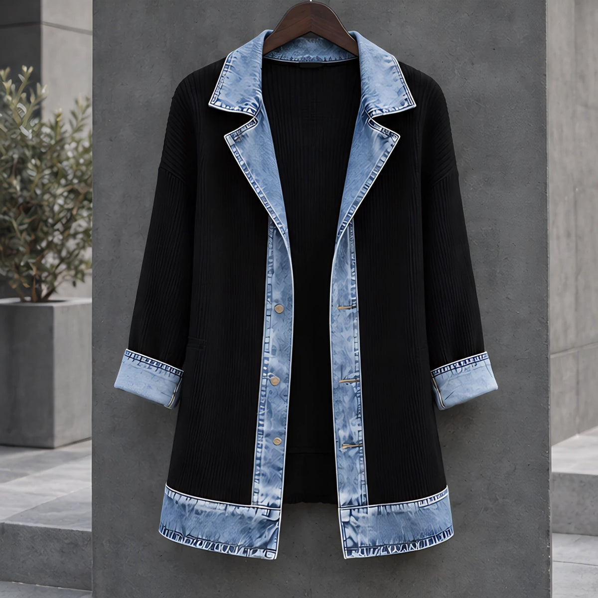 Eleri Women's Denim-Panel Ribbed Knit Coat - Black - CLO - Hendlys - Image 2