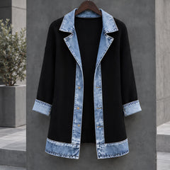 Eleri Women's Denim-Panel Ribbed Knit Coat - Black - CLO - Hendlys - Image 2