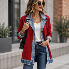 Eleri Women's Denim-Panel Ribbed Knit Coat - Red - Women's Clothing > Sweaters & Cardigans > Longline Cardigans - Hendlys - Image 1