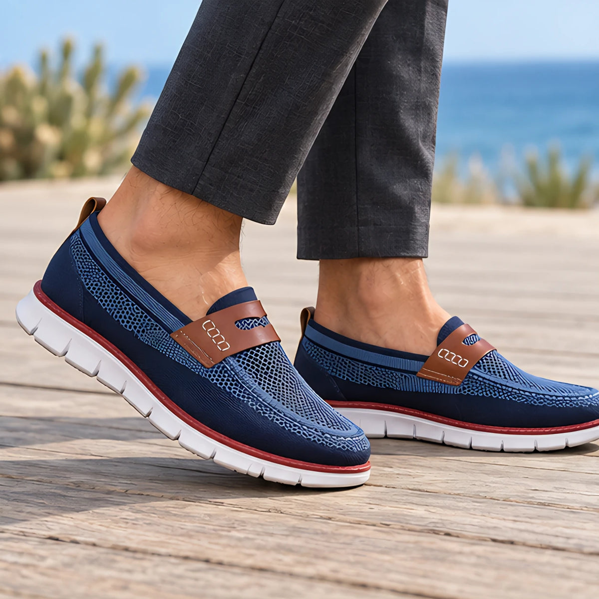 Elian Men's Mesh Penny Loafers - Blue - map - Hendlys - Image 2