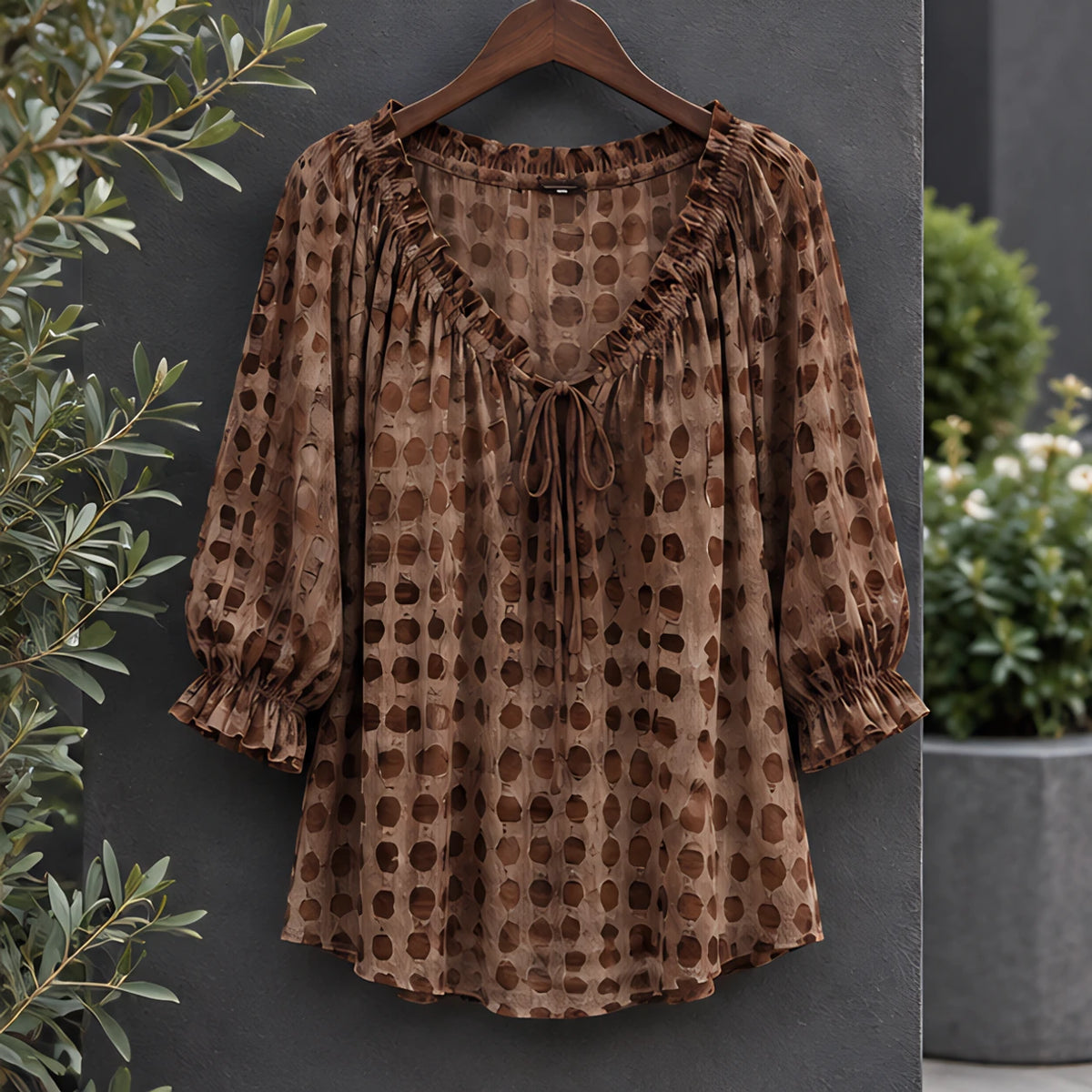 Eliana Women's Soft-Touch Tie-Neck Blouse - Brown - VBLOUSES - Hendlys - Image 3