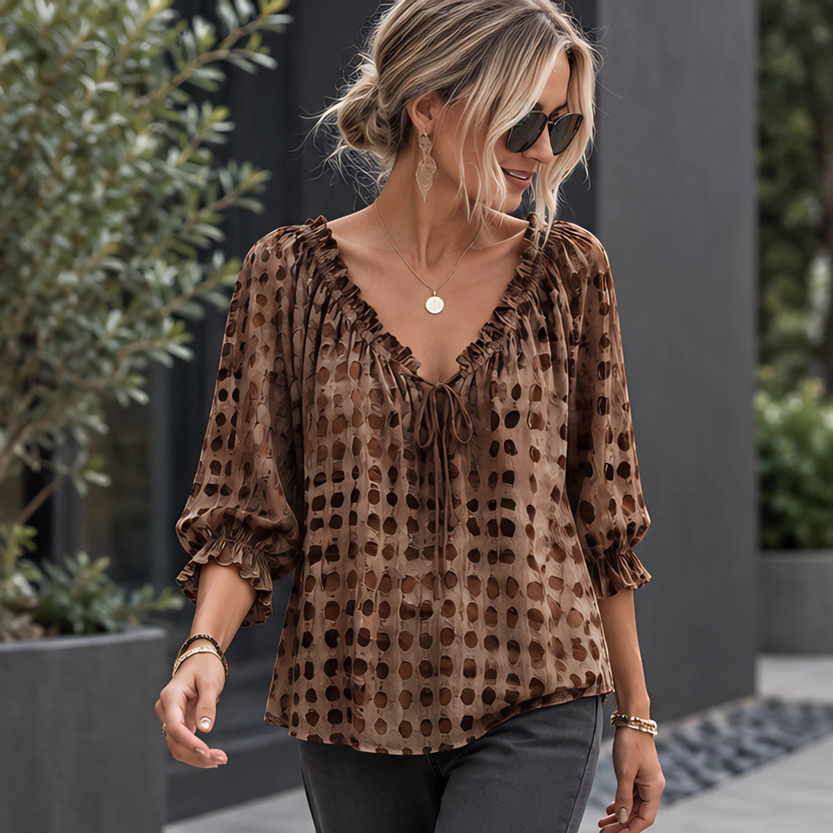 Eliana Women's Soft-Touch Tie-Neck Blouse - Brown - 23/7 - Hendlys - Image 2