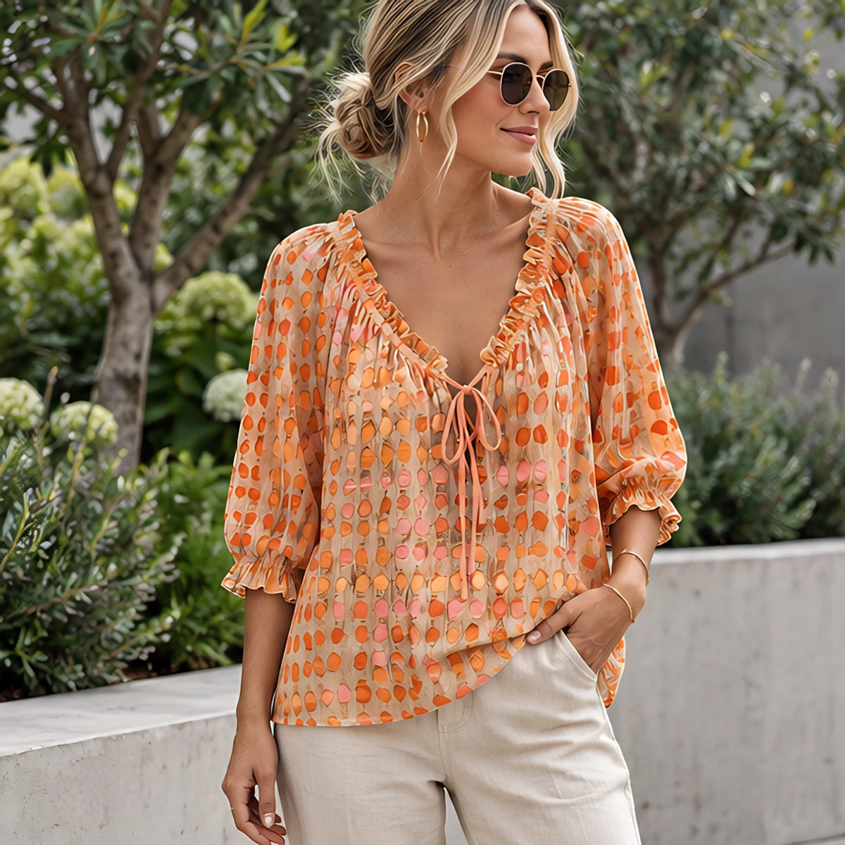 Eliana Women's Soft-Touch Tie-Neck Blouse - Orange - Women's Clothing > Tops > Blouses - Hendlys - Image 1