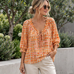 Eliana Women's Soft-Touch Tie-Neck Blouse - Orange - Women's Clothing > Tops > Blouses - Hendlys - Image 1