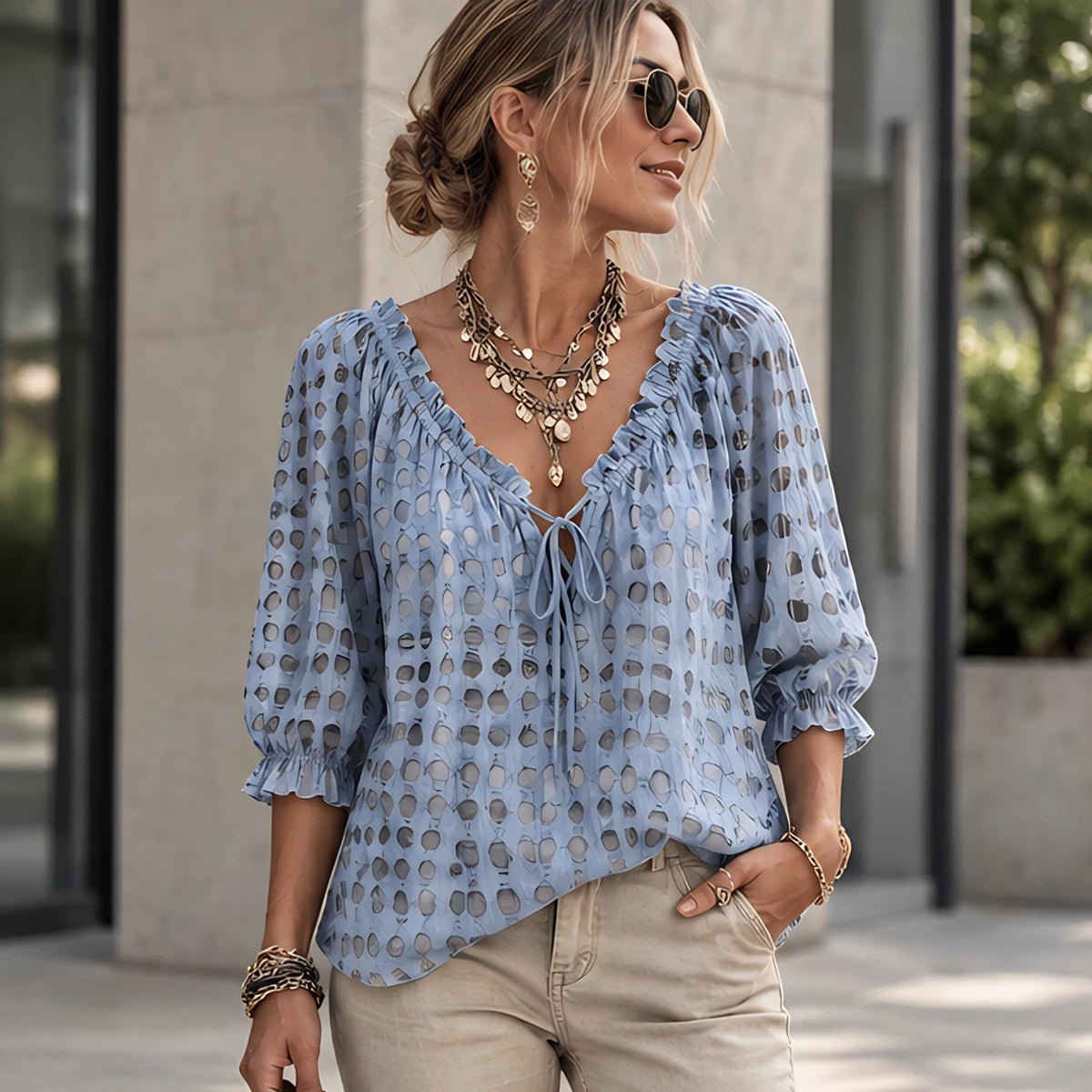 Eliana Women's Soft-Touch Tie-Neck Blouse - Misty Blue - Women's Clothing > Tops > Blouses - Hendlys - Image 1