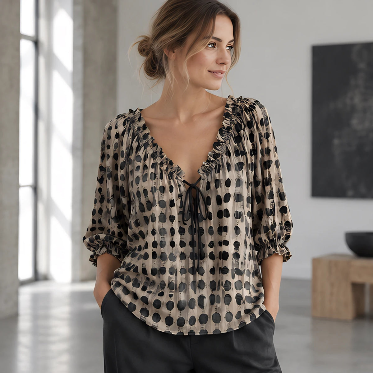 Eliana Women's Soft-Touch Tie-Neck Blouse - Black - Women's Clothing > Tops > Blouses - Hendlys - Image 1