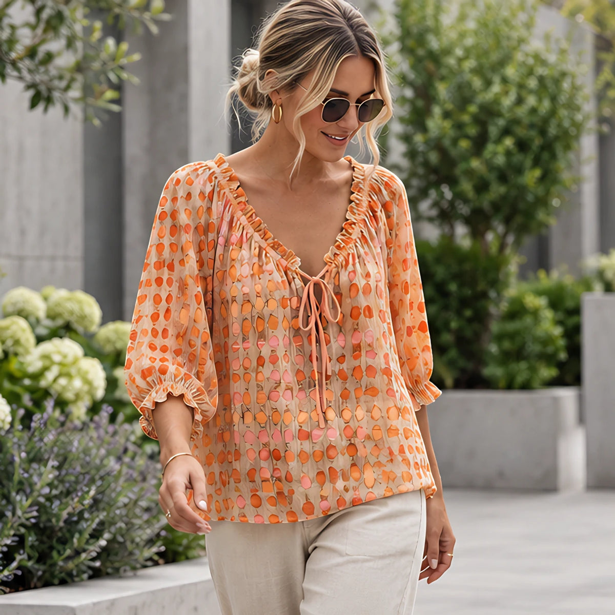 Eliana Women's Soft-Touch Tie-Neck Blouse - Orange - 23/7 - Hendlys - Image 2