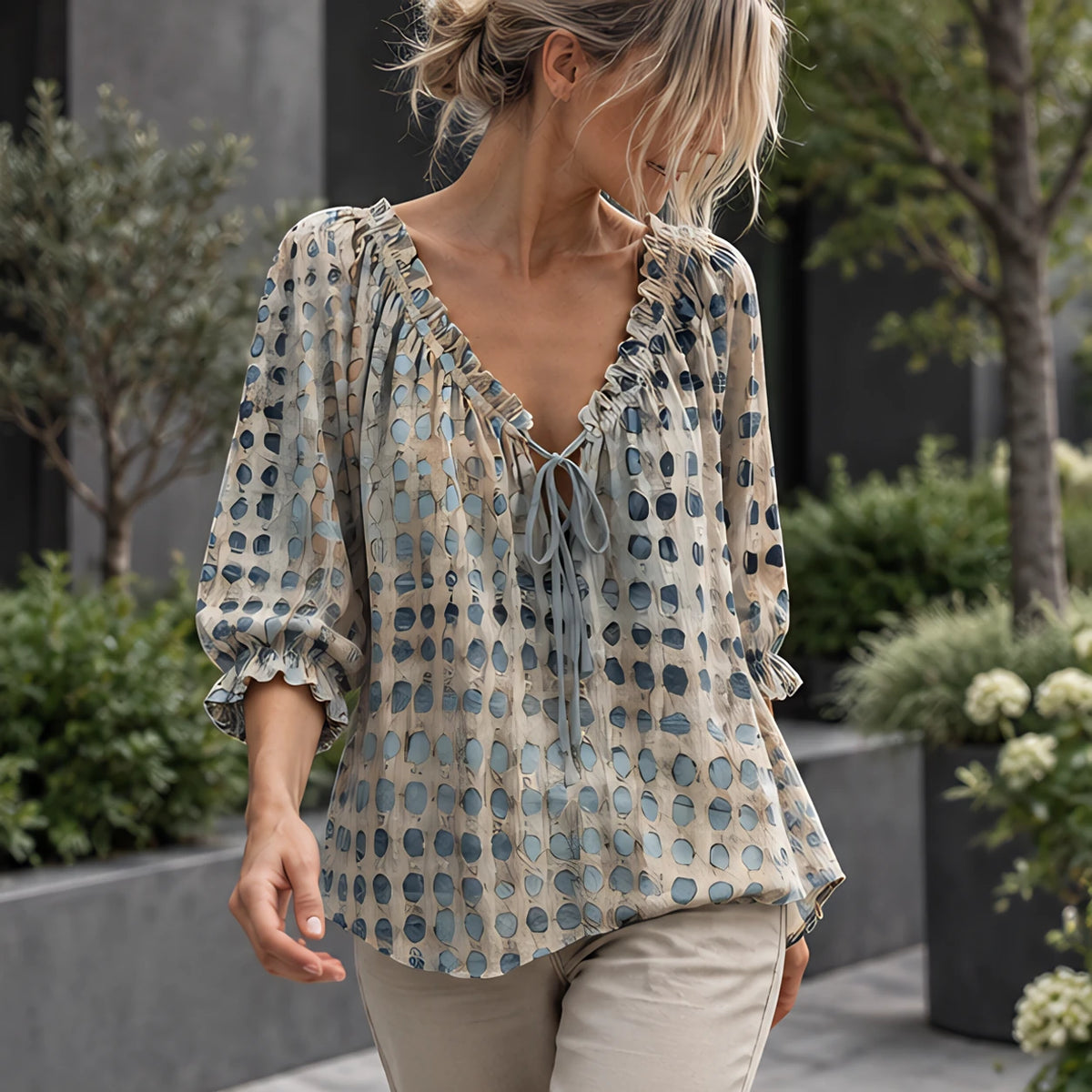 Eliana Women's Soft-Touch Tie-Neck Blouse - Blue - 23/7 - Hendlys - Image 2