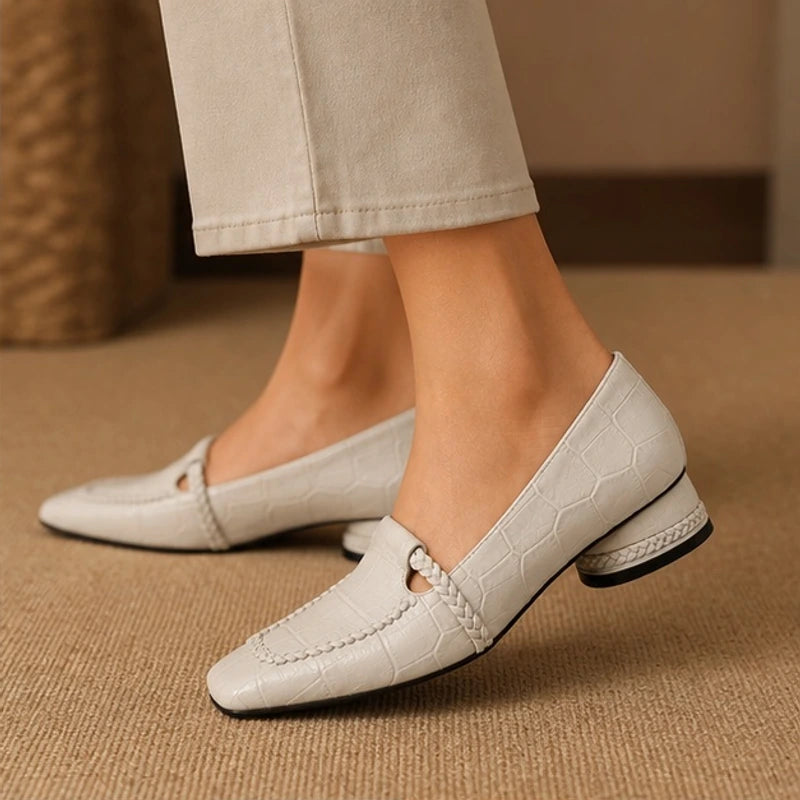 Eliora Square-Toe Leather Loafers - Bone - Women's Footwear > Loafers > Low Heel Loafers - Hendlys - Image 1