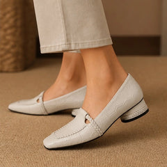 Eliora Square-Toe Leather Loafers - Bone - Women's Footwear > Loafers > Low Heel Loafers - Hendlys - Image 1