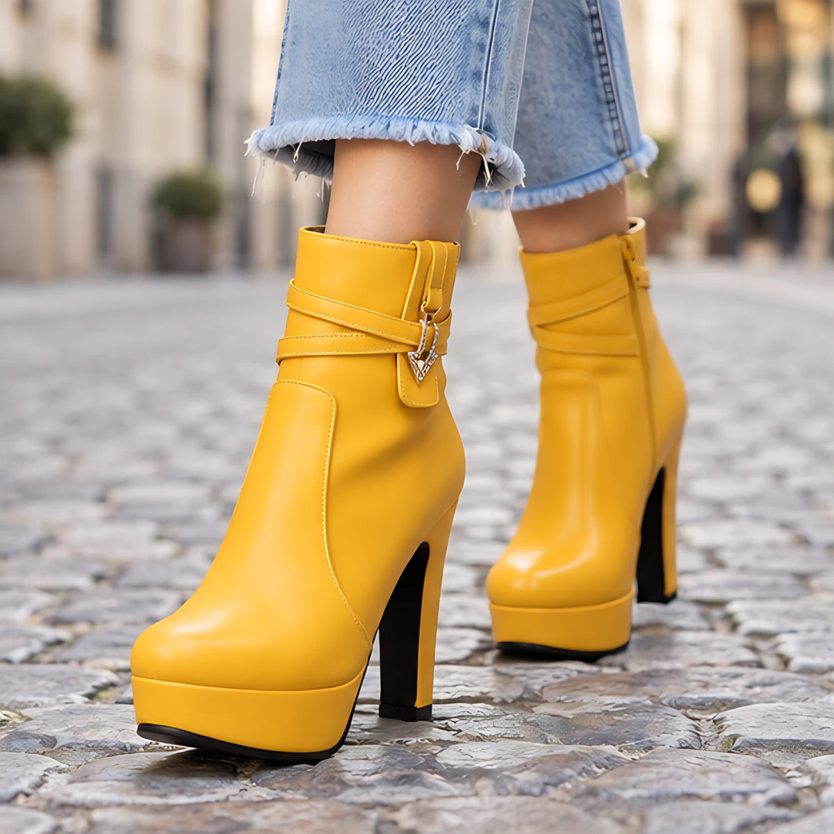 Eliska Women's Block-Heel Leather Ankle Boots - Yellow - Women's Footwear > Boots > Platform Ankle Boots - Hendlys - Image 1