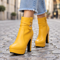 Eliska Women's Block-Heel Leather Ankle Boots - Yellow - Women's Footwear > Boots > Platform Ankle Boots - Hendlys - Image 1