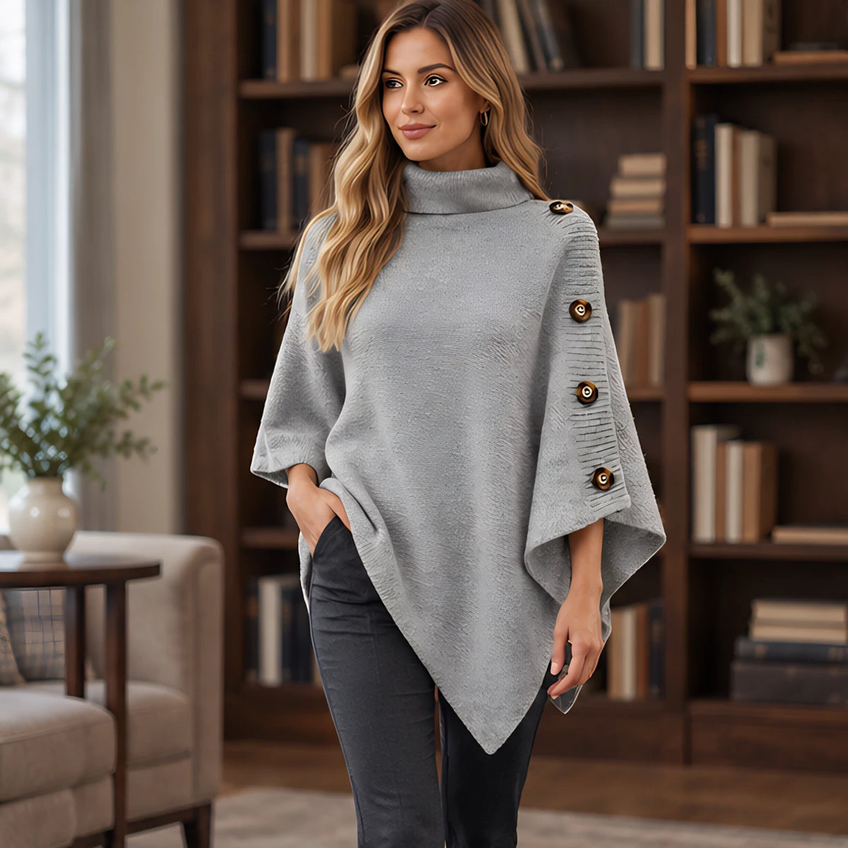 Elowyn Women's Turtleneck Cape Sweater - Gray - Women's Clothing > Sweaters & Cardigans > Cape Sweaters - Hendlys - Image 1