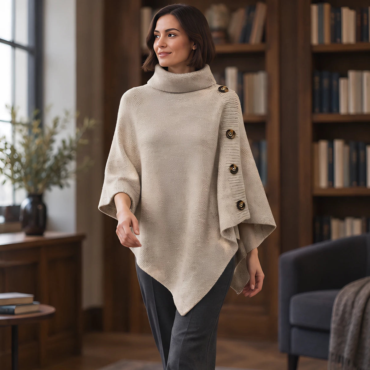 Elowyn Women's Turtleneck Cape Sweater - Beige - Women's Clothing > Sweaters & Cardigans > Cape Sweaters - Hendlys - Image 2