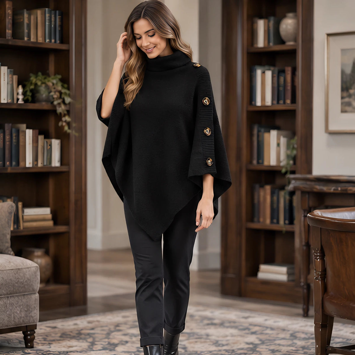 Elowyn Women's Turtleneck Cape Sweater - Black - Women's Clothing > Sweaters & Cardigans > Cape Sweaters - Hendlys - Image 2