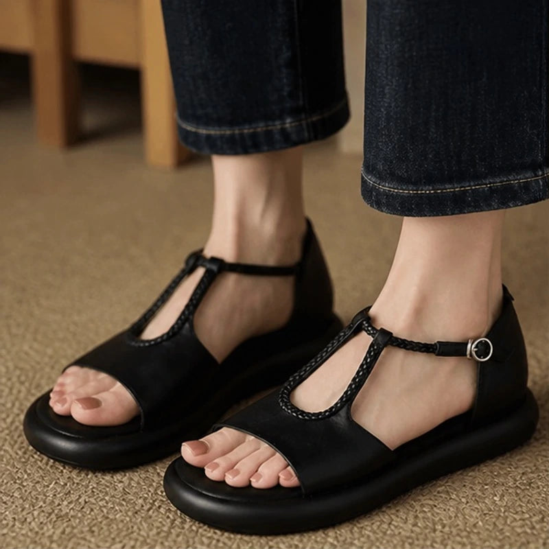 Evania Braided T-Strap Leather Sandals - Black - Sandals - Hendlys - Image 3