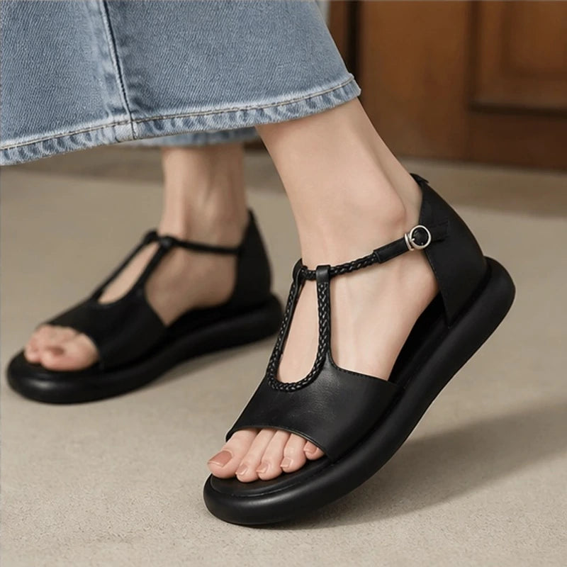 Evania Braided T-Strap Leather Sandals - Black - Footwear > Sandals > T-Strap Sandals - Hendlys - Image 1