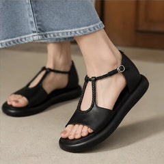 Evania Braided T-Strap Leather Sandals - Black - Footwear > Sandals > T-Strap Sandals - Hendlys - Image 1