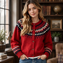 Evelia Women's Fair Isle Yoke Cardigan - Wine - Women's Clothing > Sweaters & Cardigans > Cardigans - Hendlys - Image 1
