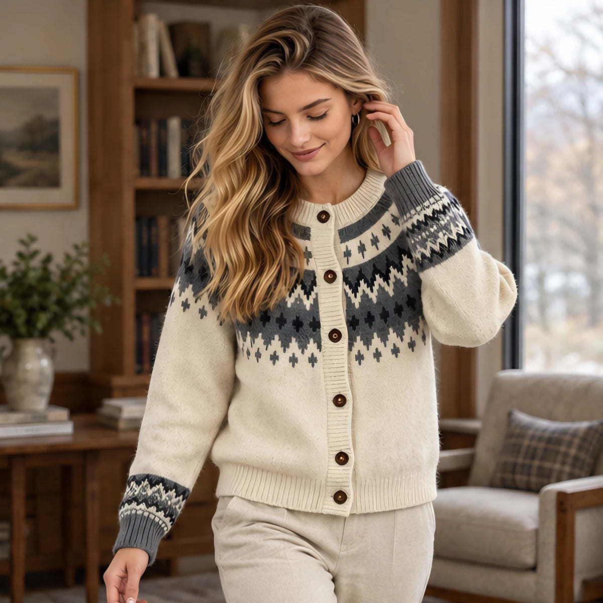 Evelia Women's Fair Isle Yoke Cardigan - Beige - 23 sept - Hendlys - Image 2
