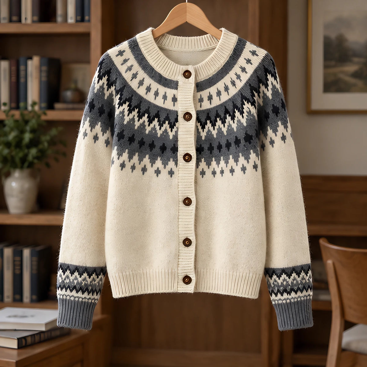 Evelia Women's Fair Isle Yoke Cardigan - Beige - ai-processed - Hendlys - Image 3