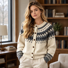Evelia Women's Fair Isle Yoke Cardigan - Beige - Women's Clothing > Sweaters & Cardigans > Cardigans - Hendlys - Image 1