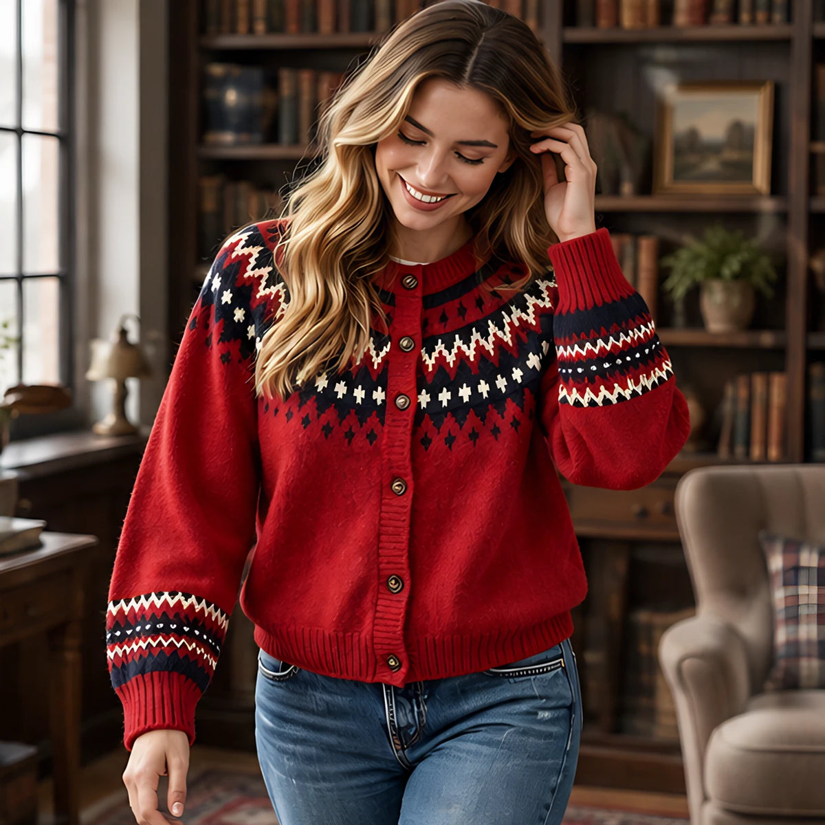 Evelia Women's Fair Isle Yoke Cardigan - Wine - 23 sept - Hendlys - Image 2