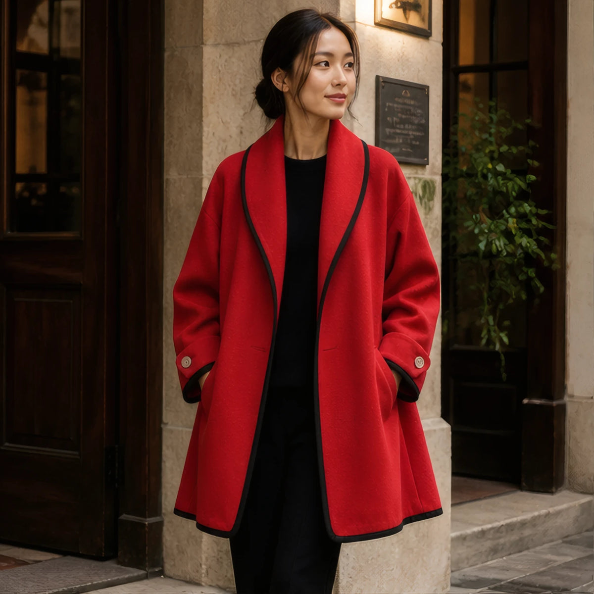 Evelina Oversized Shawl-Collar Wool Coat - Red - Women's Clothing > Outerwear > Coats - Hendlys - Image 1