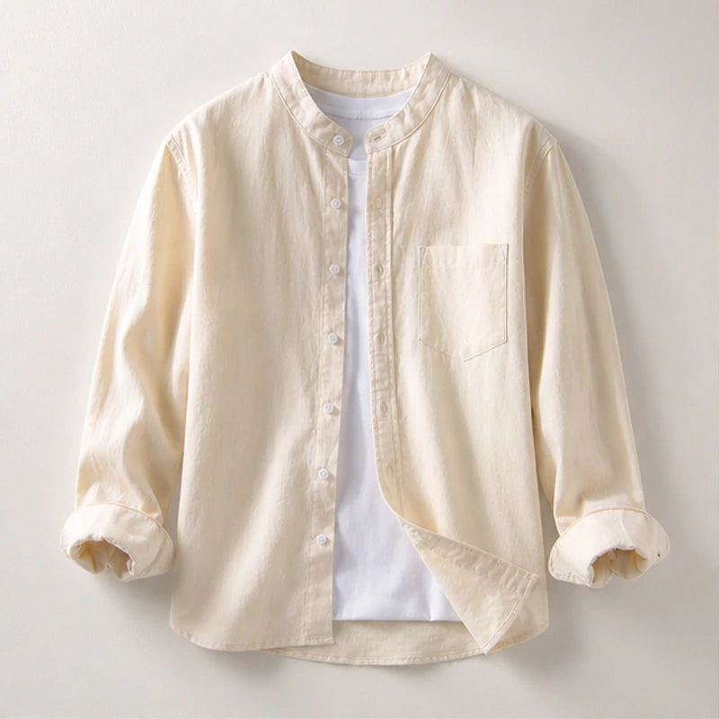 Amalfi Linen Mandarin Collar Shirt - Apricot - Shirt - Hendlys - Image 1