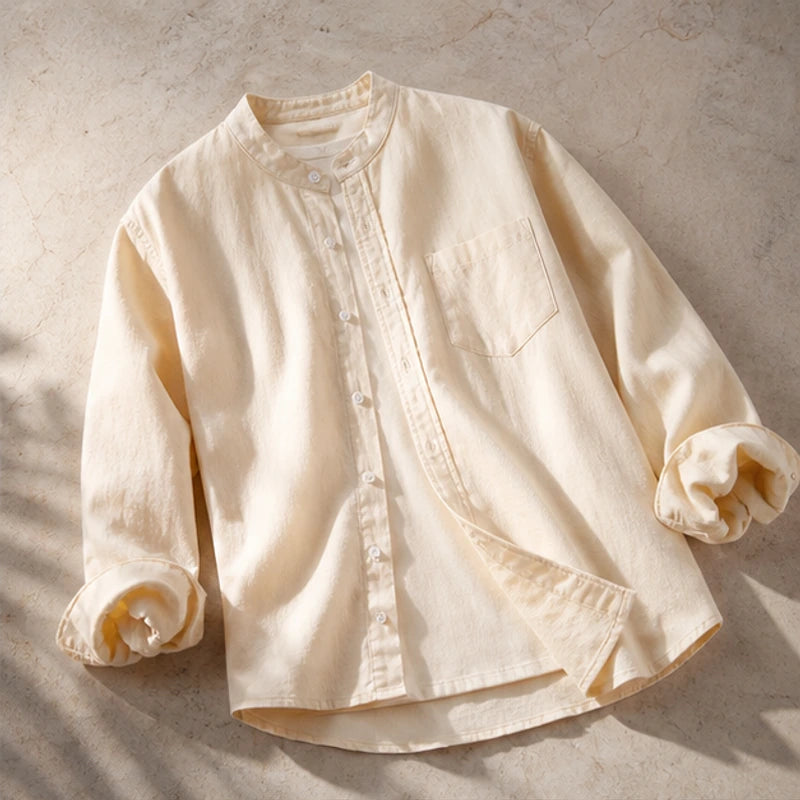 Amalfi Linen Mandarin Collar Shirt - Apricot - men's shirts - Hendlys - Image 2