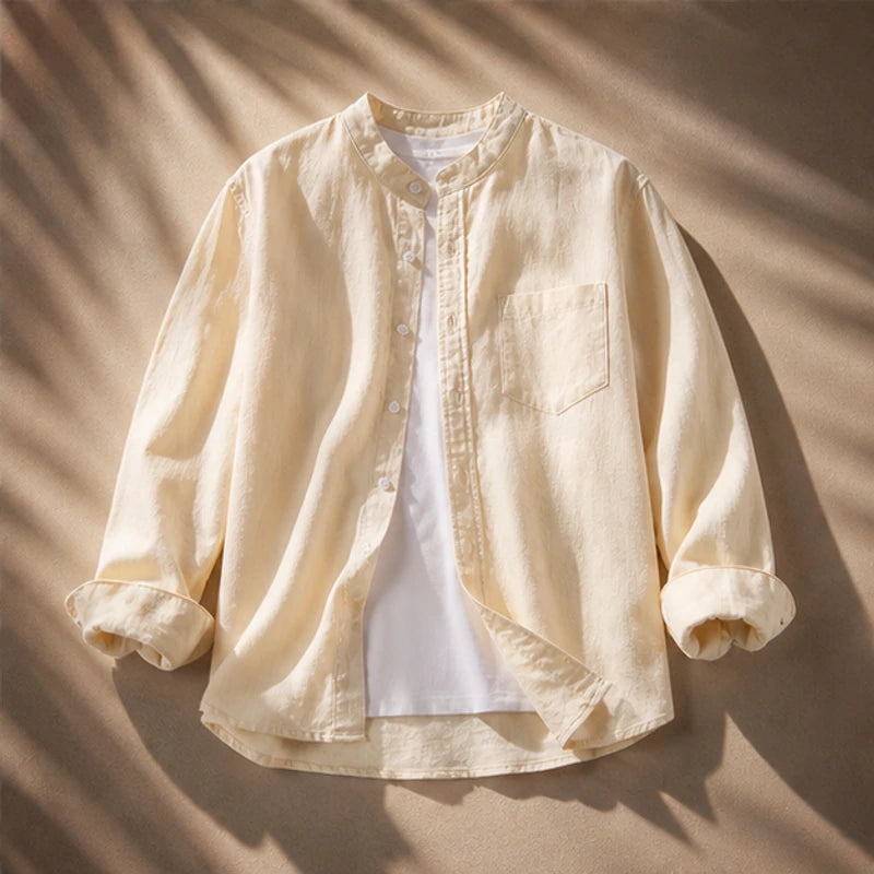 Amalfi Linen Mandarin Collar Shirt - Apricot - mandarin collar - Hendlys - Image 4
