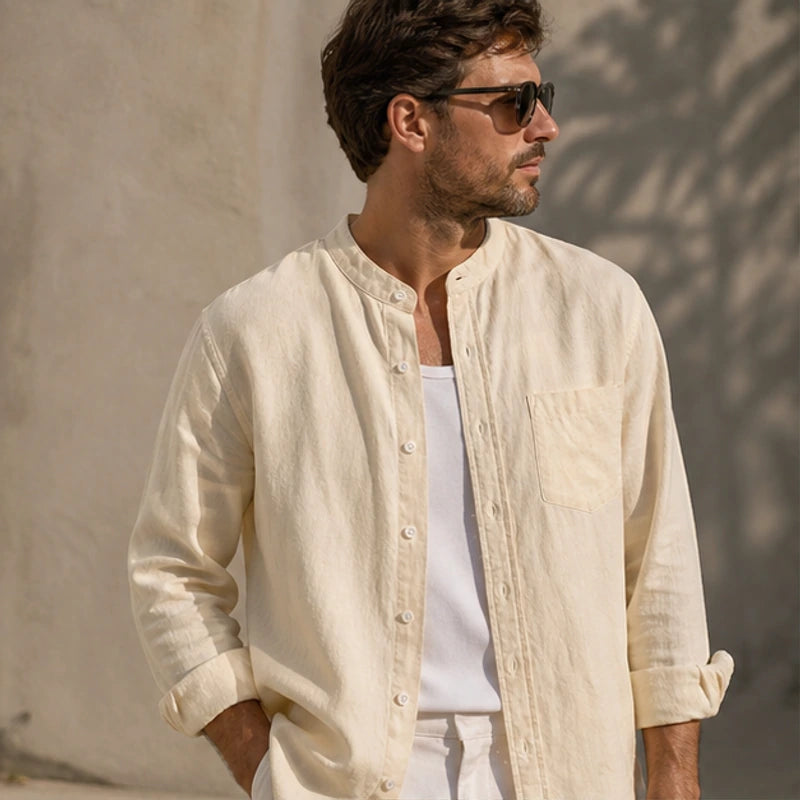 Amalfi Linen Mandarin Collar Shirt - Apricot - button-front - Hendlys - Image 5